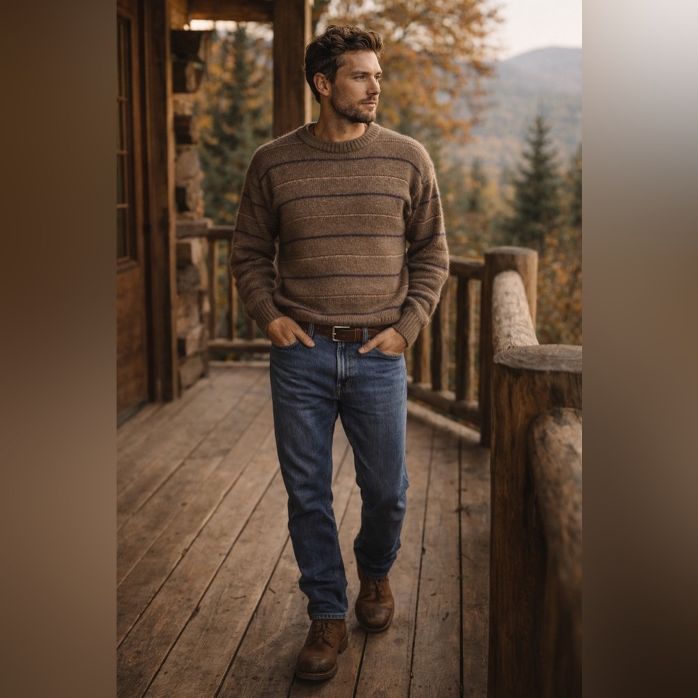 Vintage Parisian Brown Striped Crewneck Sweater | Heritage Knit | Size L